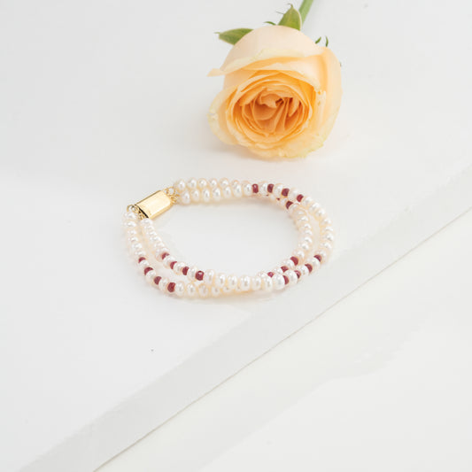 Natural Ruby White Button Pearl Bracelet