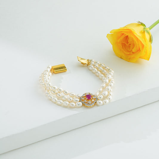 Velvety Red Stone Freshwater Pearl Bracelet