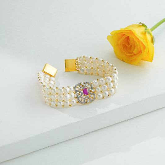 Fancy Button Red Stone Pearl Bracelet