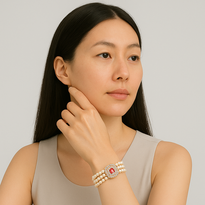Fancy Button Red Stone Pearl Bracelet