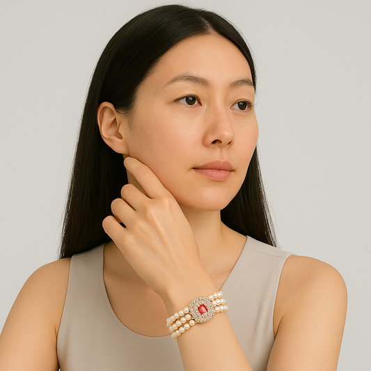 Fancy Button Red Stone Pearl Bracelet