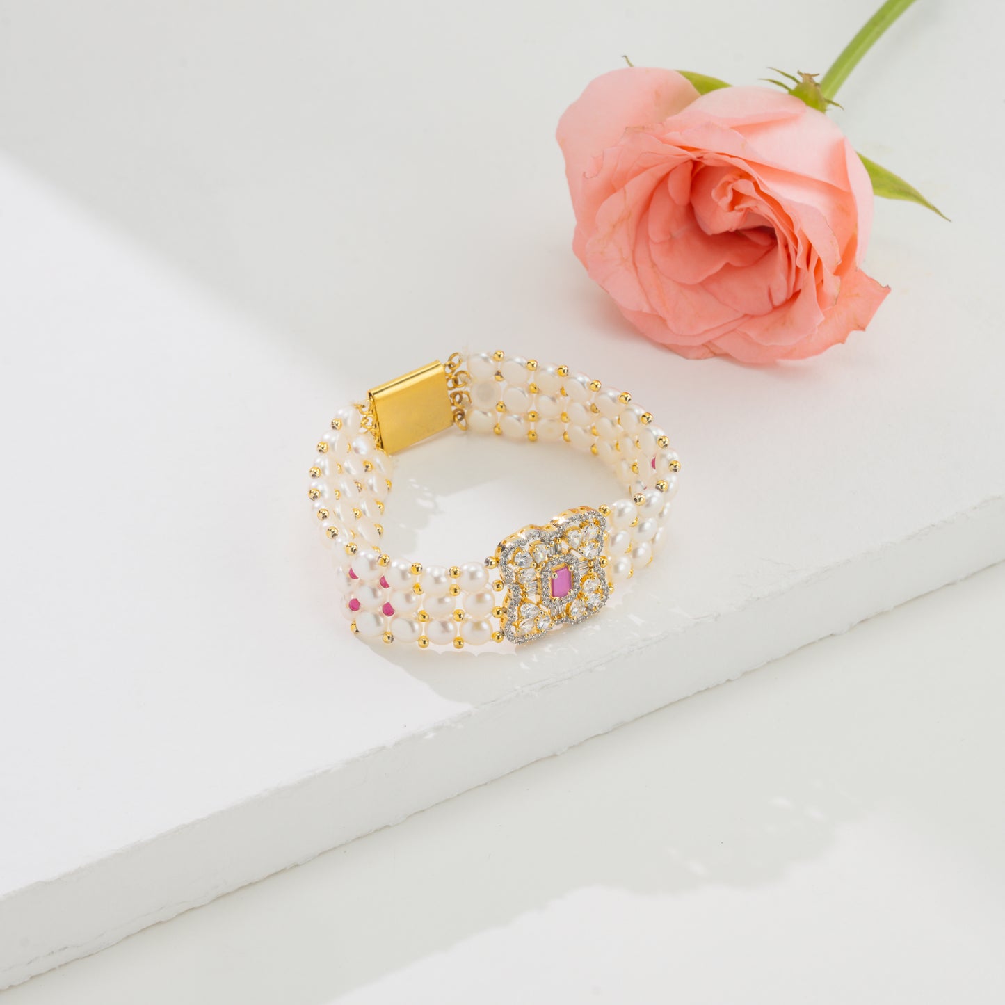 Velvety Red Stone White Freshwater Pearl Bracelet