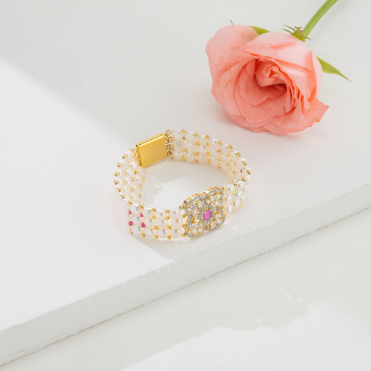 Velvety Red Stone White Freshwater Pearl Bracelet