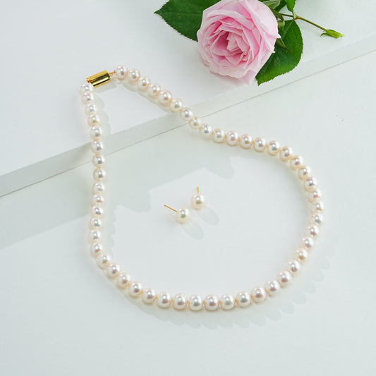 9.0-10.0mm White Round Freshwater Pearl Necklace Set - AAA Quality
