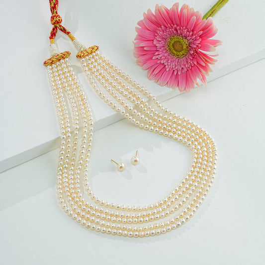 5.0-6.0mm White Button Fancy Freshwater Pearl Necklace Set - AAA Quality