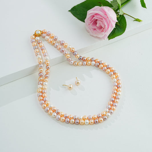 7.0-8.0mm Multicolor Round Freshwater Pearl Necklace Set - AAA Quality