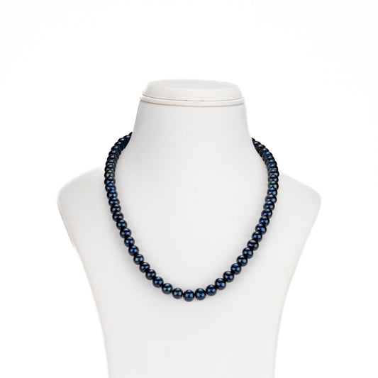 7.0-8.0mm Near Round Black Freshwater Pearl Necklace Set - A Quality