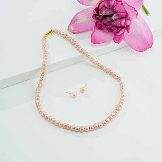 Grading Pink Button Freshwater Pearl Necklace Set - A Quality