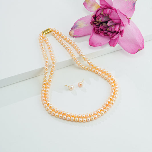 6.0-7.0mm Near Round Pink Freshwater Pearl Necklace Set - AA Quality