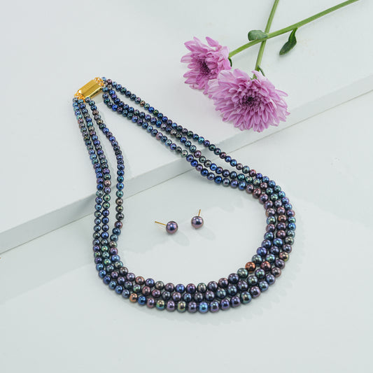 Grading Near Round Dark Blue Freshwater Pearl Necklace Set - AA Quality