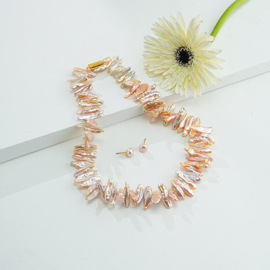 4.0-5.0mm Pink Baroque Fancy Freshwater Pearl Necklace Set - AA Quality