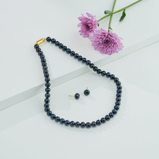 8.0-9.0mm Near Round Black Freshwater Pearl Necklace Set - AA Quality