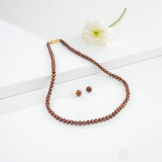 5.0-6.0mm Bronze Near Round Pearl Necklace Set - A Quality