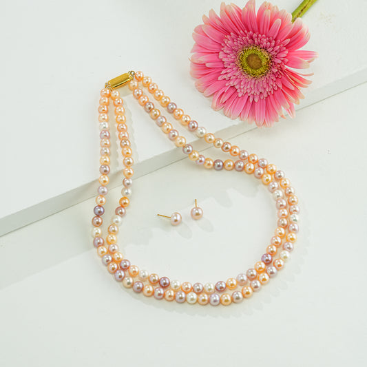 7.0-8.0mm Round Multicolor Freshwater Pearl Necklace Set - AA Quality