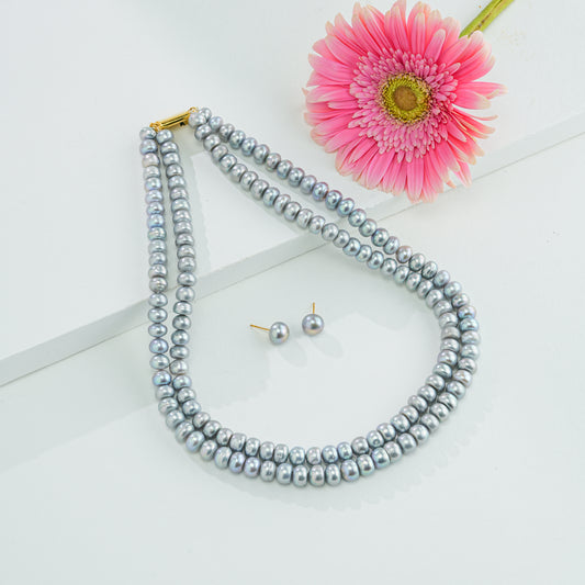 6.0-7.0mm Grey Button Freshwater Pearl Necklace Set - A Quality