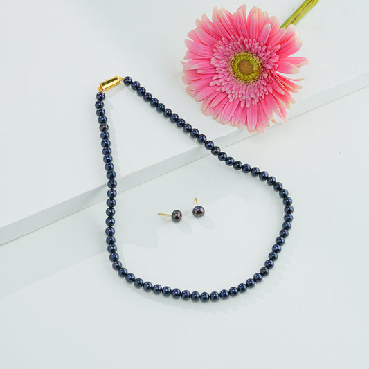 6.0-7.0mm Round Black Freshwater Pearl Necklace Set - A Quality