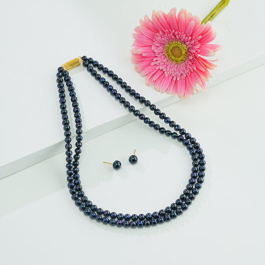 6.0-7.0mm Near Round Black Freshwater Pearl Necklace Set - A Quality