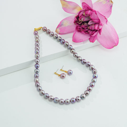 9.0-10.0mm Near Round Lavender Freshwater Pearl Necklace Set - AA Quality