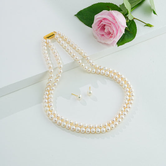 7.0-8.0mm Round White Freshwater Pearl Necklace Set - AA Quality