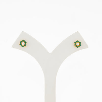 Brilliant Green Stone Pearl Stud Earrings