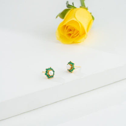 Brilliant Green Stone Pearl Stud Earrings