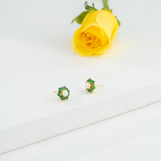Brilliant Green Stone Pearl Stud Earrings
