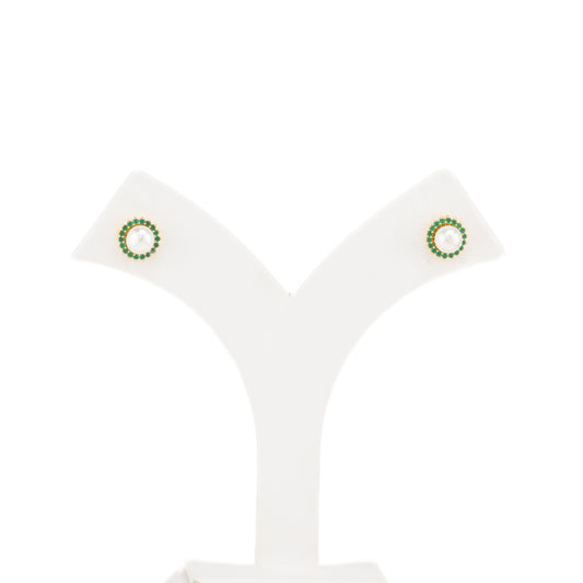 Intricate Green Stone Pearl Studs Earrings