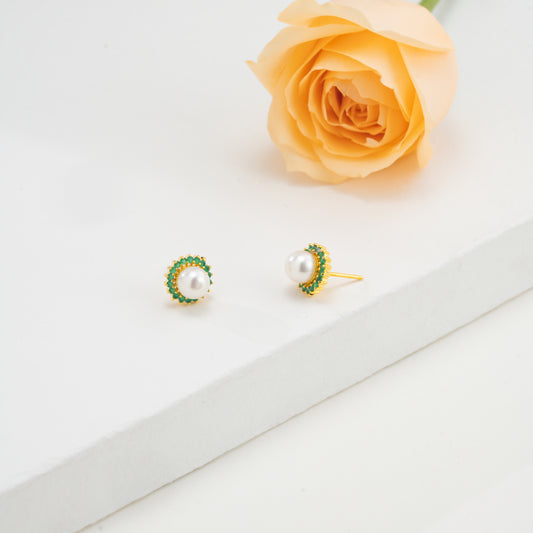 Intricate Green Stone Pearl Studs Earrings