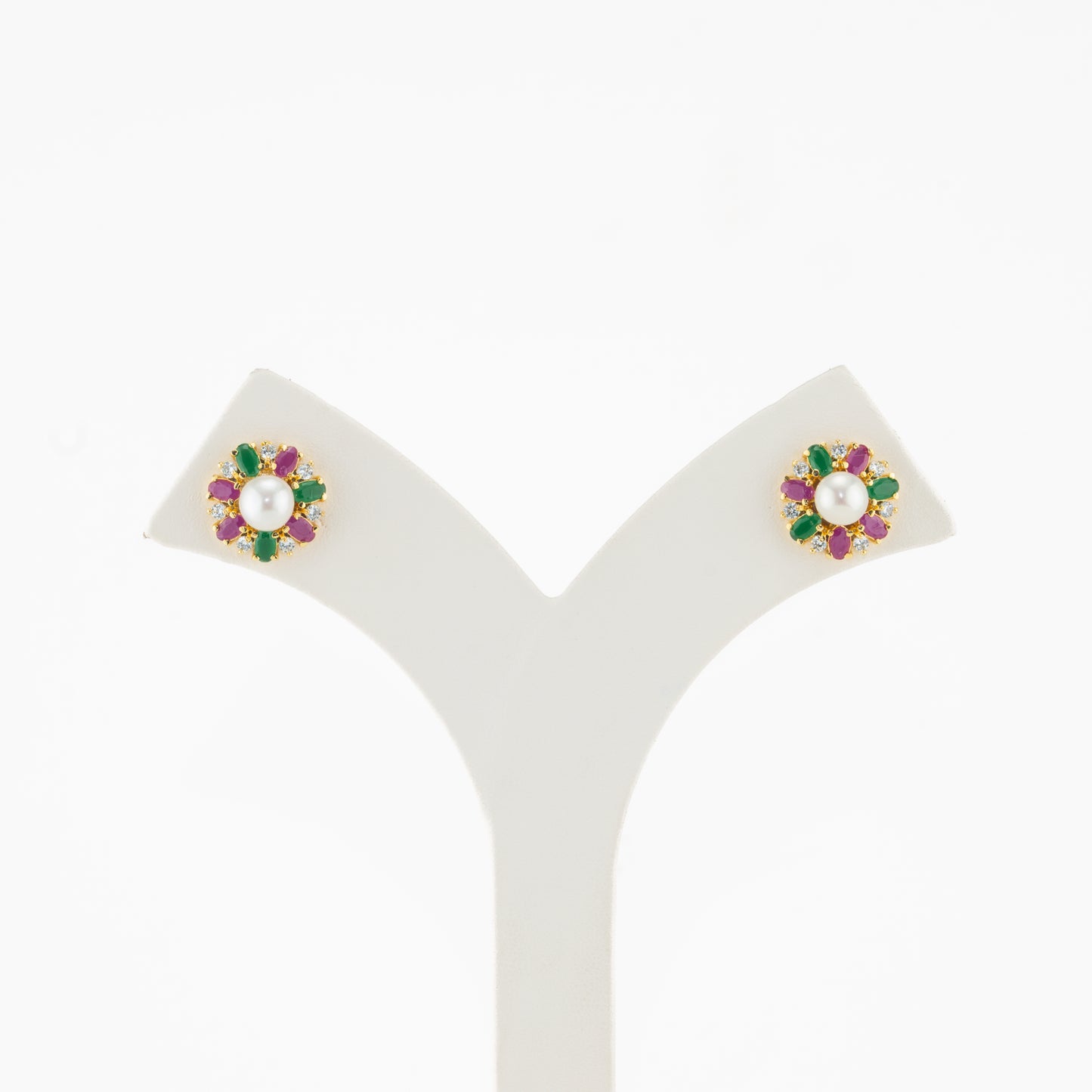 Colorful Red Green Stone Pearl Stud Earrings