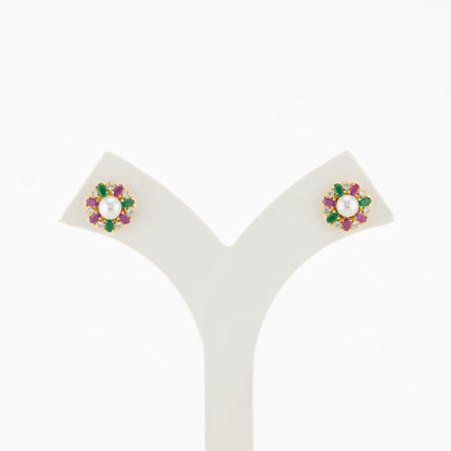 Colorful Red Green Stone Pearl Stud Earrings