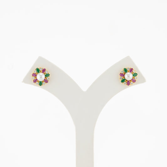 Colorful Red Green Stone Pearl Stud Earrings