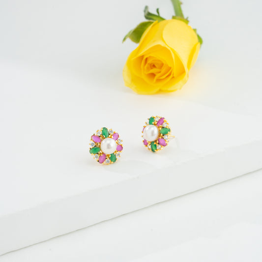 Colorful Red Green Stone Pearl Stud Earrings