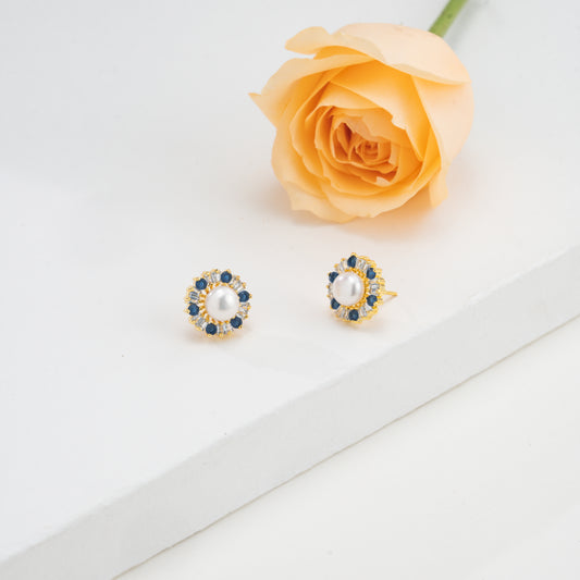 Exquisite Blue Stone Pearl Studs Earrings