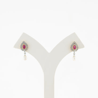Gifted Red Stone Pearl Stud Earrings