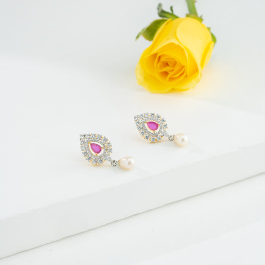 Gifted Red Stone Pearl Stud Earrings