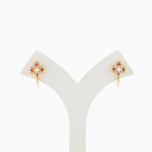 Estelle Red Stone Pearl Stud Earrings