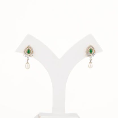 Brilliant Green Stone Pearl Drop Hanging Studs Earrings