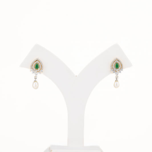 Brilliant Green Stone Pearl Drop Hanging Studs Earrings