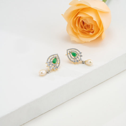 Brilliant Green Stone Pearl Drop Hanging Studs Earrings