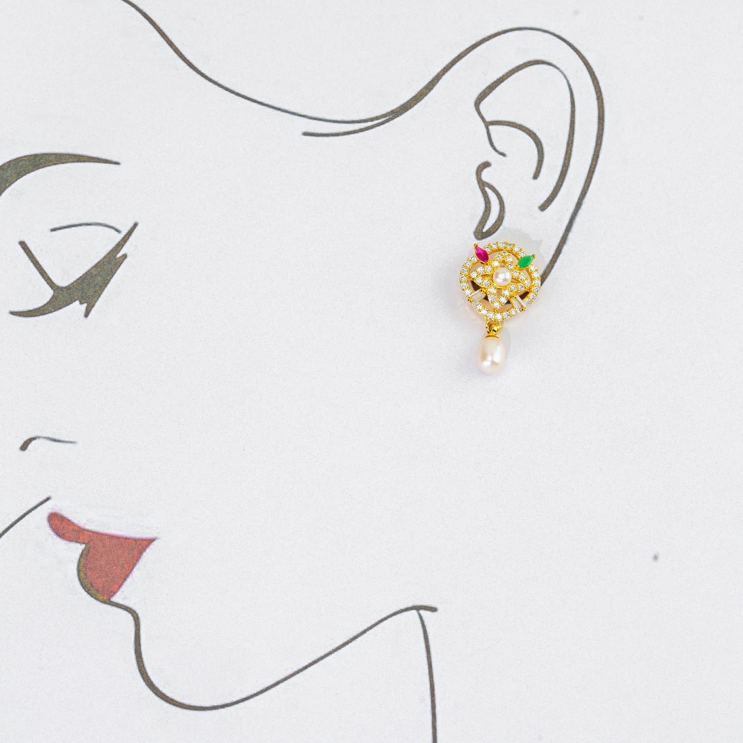 Decorative Red Green Stone Mix Freshwater Pearl Earring