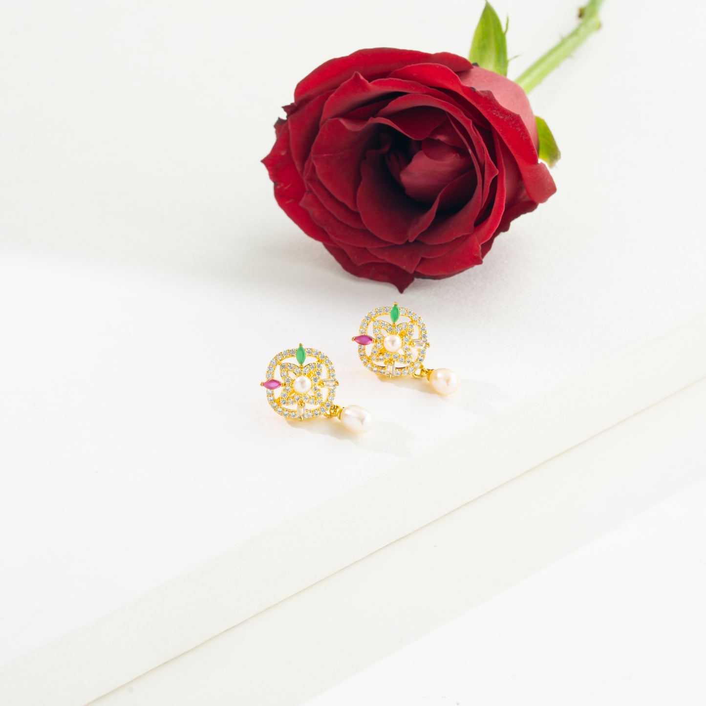 Decorative Red Green Stone Mix Freshwater Pearl Earring