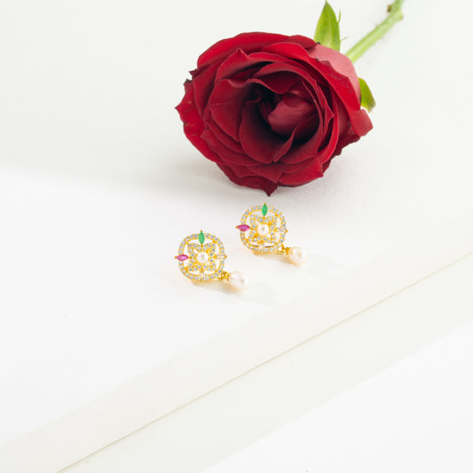 Decorative Red Green Stone Mix Freshwater Pearl Earring