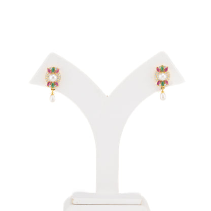 Twinkling Red Green Mix Hanging Pearl Studs Earrings