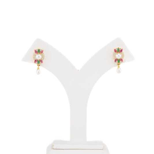 Twinkling Red Green Mix Hanging Pearl Studs Earrings