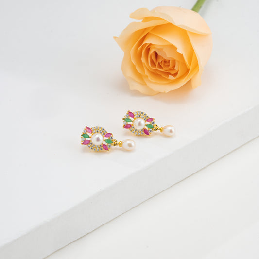 Twinkling Red Green Mix Hanging Pearl Studs Earrings