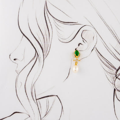 Premium Green Stone Pearl Drop Earrings
