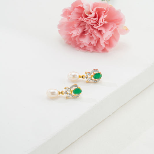 Premium Green Stone Pearl Drop Earrings