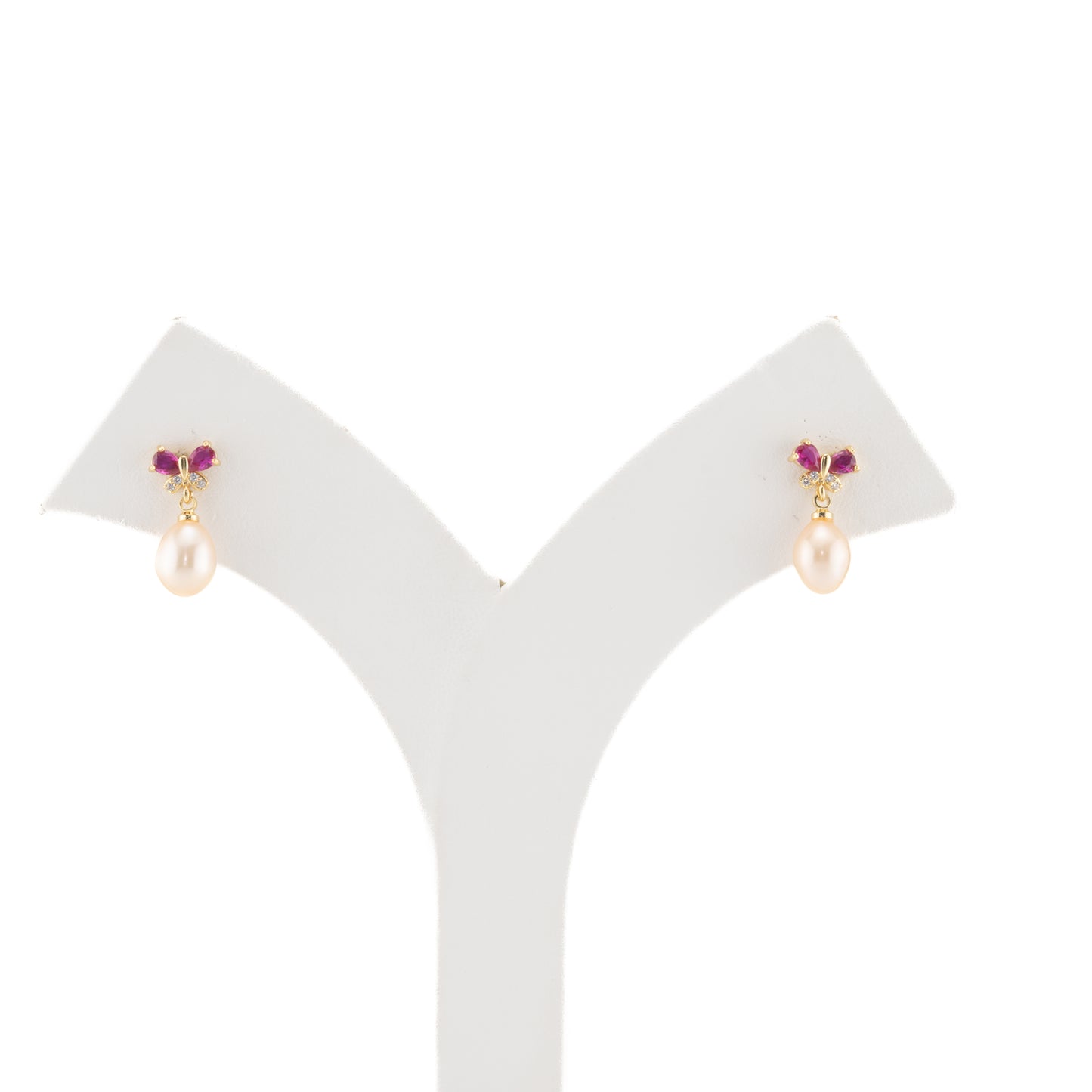 Adorn Red Stone Pearl Stud Earrings