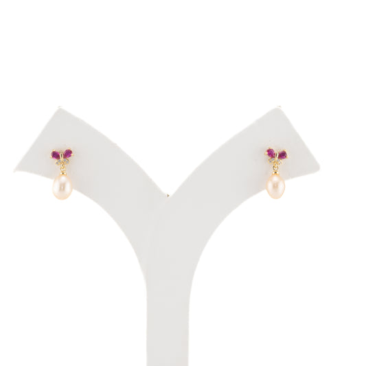 Adorn Red Stone Pearl Stud Earrings