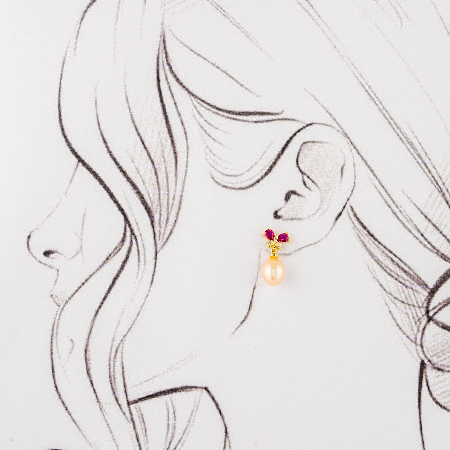 Adorn Red Stone Pearl Stud Earrings